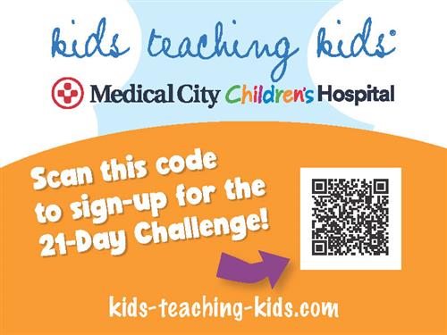 Kids Teaching Kids 21 day challenge flyer with QR to scan for more information